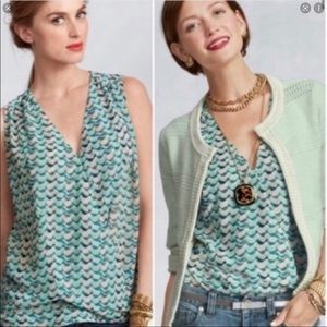 Cabi Tweet top style 342, sleeveless faux wrap green, black, grey blouse